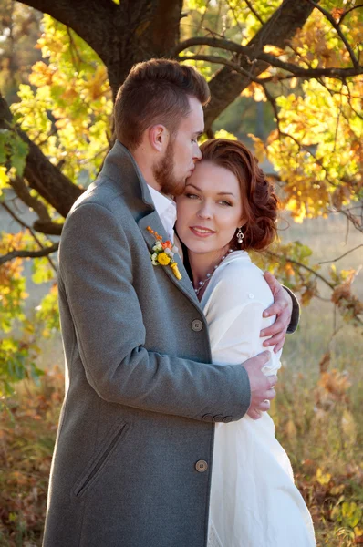 Novia y novio abrazándose. Ambiente romántico otoño al aire libre . — Foto de Stock