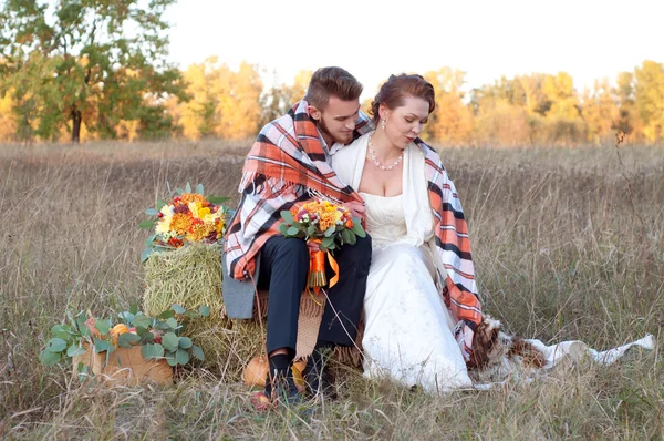 Novia y novio junto con su perrito. Otoño romántico — Foto de Stock