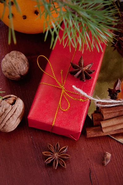 Regalo de invierno bajo el árbol de Navidad con frutos secos y especias — Foto de Stock