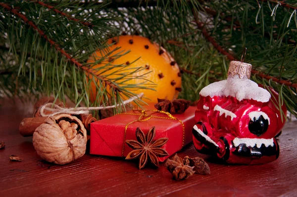 Winter present under christmas tree with nuts and spices — Stock Photo, Image