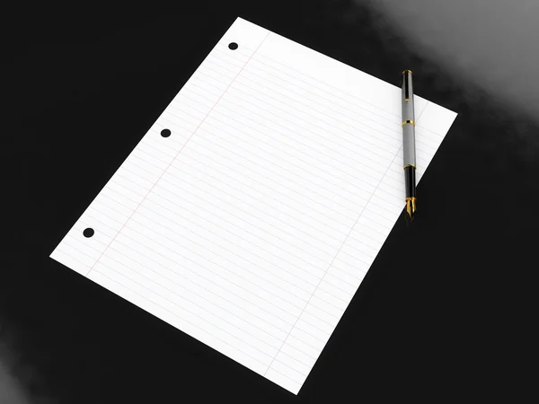 Papel revestido em branco e caneta high-end na superfície preta brilhante — Fotografia de Stock