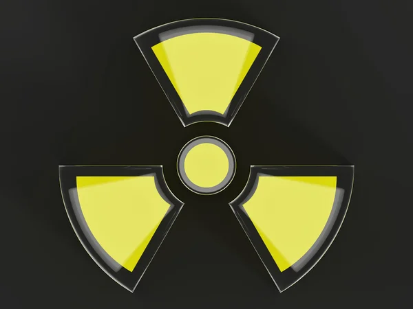 Klarglas schwarz-gelbes Atomsymbol isoliert auf dunklem g — Stockfoto