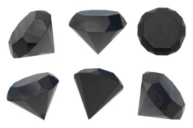 Benzersiz, pırıl pırıl, temiz, derin, siyah elmaslar. Gerçekçi 3 boyutlu vektör, izole edilmiş. Yuvarlak şekilli lüks mücevher farklı açılarda sergileniyor. Harika kesilmiş mücevher koleksiyonu, yapay elmaslar yakın plan..