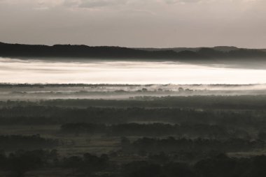 Kushiro Marsh 'ın sabah manzarası sisle kaplıydı.