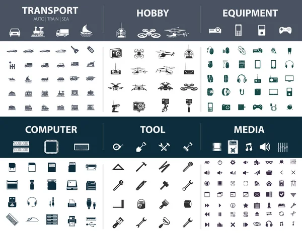 Set di icone vettoriali semplici pronte all'uso su vari argomenti: trasporto, hobby, attrezzature, computer, strumento, media — Vettoriale Stock