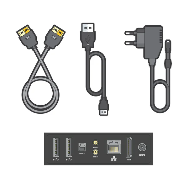 Illustration détaillée des ports et fiches de connexion . — Image vectorielle