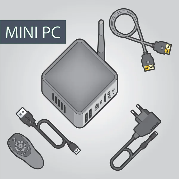 Kompakt számítógép, mini Pc, média és szórakozás. — Stock Vector