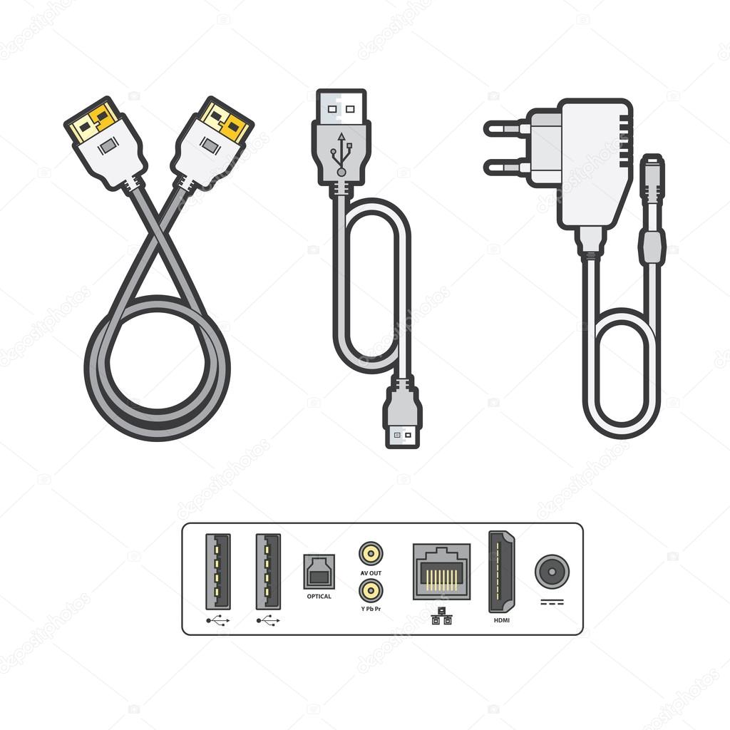 Detailed illustration of the connection ports and plugs.