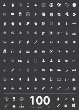 A large set of unique icons for design and modern technology of various themes: gestures, people, transport, hobby, equipment, computer, tool, media clipart
