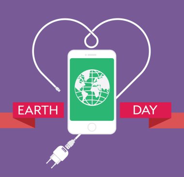 Şarj kablosu, güç kaynağı ünitesi ve toprak bir illüstrasyon ile modern cep telefonu ile Earth Day Kutlama Poster Tasarım Şablonu. Editable vektör illüstrasyon Eps10 ve büyük jpg.