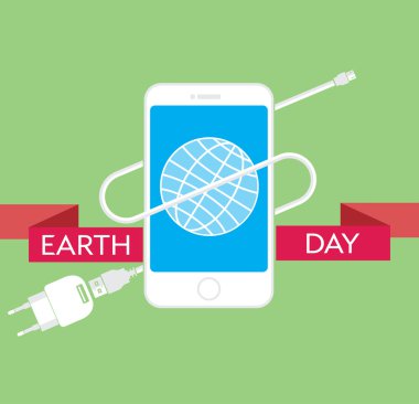 Şarj kablosu, güç kaynağı ünitesi ve toprak bir illüstrasyon ile modern cep telefonu ile Earth Day Kutlama Poster Tasarım Şablonu. Editable vektör illüstrasyon Eps10 ve büyük jpg.