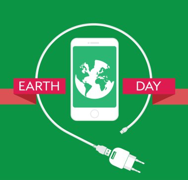 Şarj kablosu, güç kaynağı ünitesi ve toprak bir illüstrasyon ile modern cep telefonu ile Earth Day Kutlama Poster Tasarım Şablonu. Editable vektör illüstrasyon Eps10 ve büyük jpg.