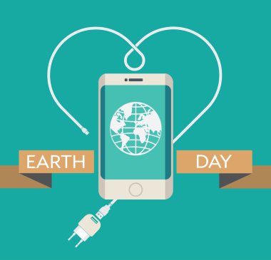Şarj kablosu, güç kaynağı ünitesi ve toprak bir illüstrasyon ile modern cep telefonu ile Earth Day Kutlama Poster Tasarım Şablonu. Editable vektör illüstrasyon Eps10 ve büyük jpg.