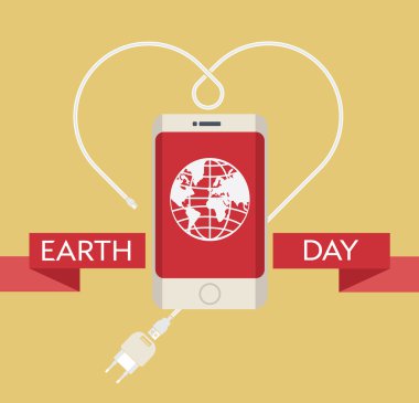 Şarj kablosu, güç kaynağı ünitesi ve toprak bir illüstrasyon ile modern cep telefonu ile Earth Day Kutlama Poster Tasarım Şablonu. Editable vektör illüstrasyon Eps10 ve büyük jpg.
