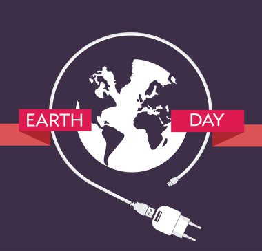 Şarj kablosu, güç kaynağı ünitesi ve toprak bir illüstrasyon ile Earth Day Kutlama Poster Tasarım Şablonu. Editable vektör illüstrasyon Eps10 ve büyük jpg.