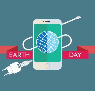 Şarj kablosu, güç kaynağı ünitesi ve toprak bir illüstrasyon ile modern cep telefonu ile Earth Day Kutlama Poster Tasarım Şablonu. Editable vektör illüstrasyon Eps10 ve büyük jpg.