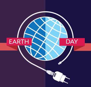 Şarj kablosu, güç kaynağı ünitesi ve toprak bir illüstrasyon ile Earth Day Kutlama Poster Tasarım Şablonu. Editable vektör illüstrasyon Eps10 ve büyük jpg.