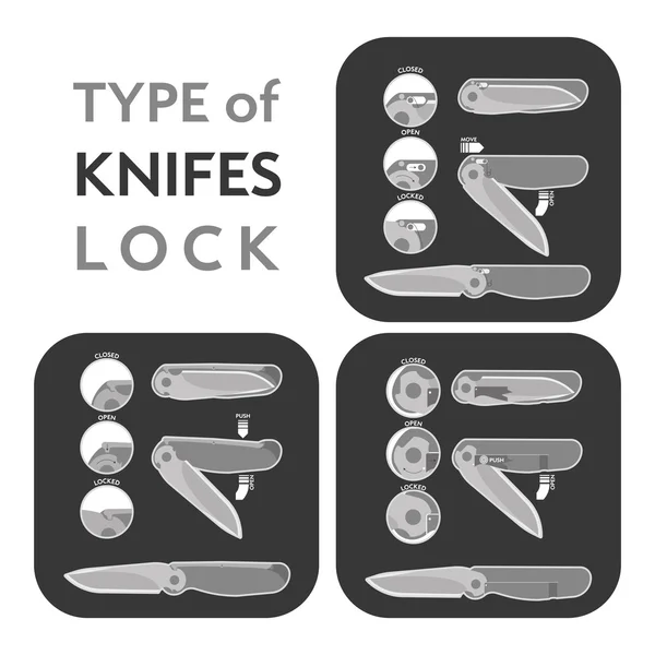 Types of locking folding knives — Stock Vector