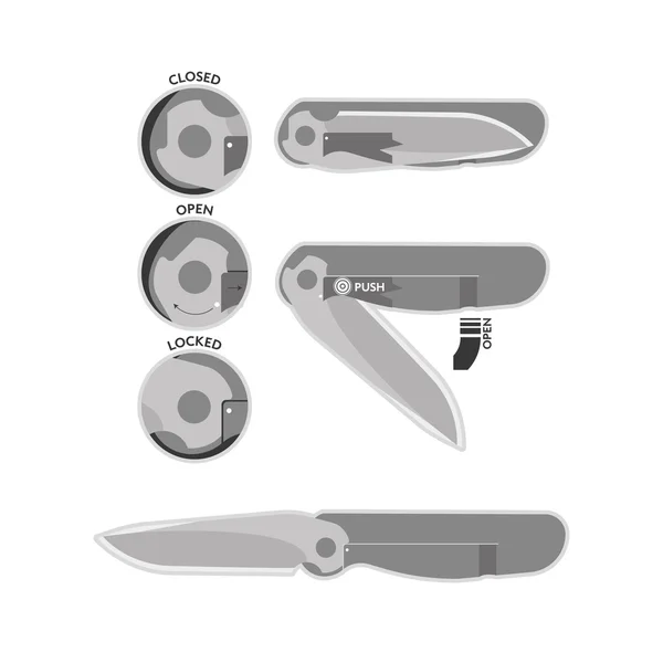 Types of locking folding knives — Stock Vector