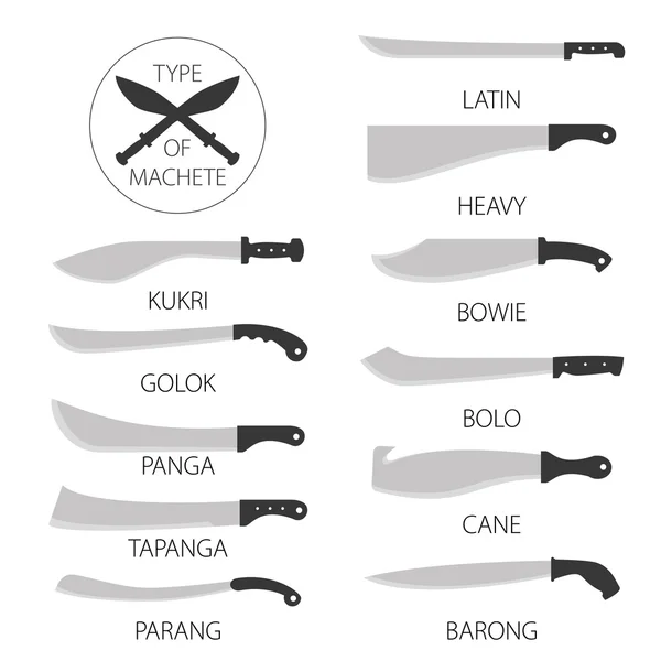 Illustrations vectorielles variantes types de machettes couteaux . — Image vectorielle