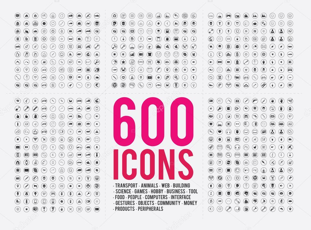 Big set of sorted simple icons on various themes: transport, animals, web, building, science, games, hobby, business, tool, food, people, computers, interface, gestures, objects, community, money, products, peripherals.