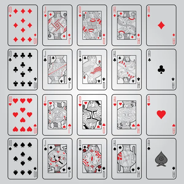 Ensemble de cartes à jouer vectoriel : Dix, Jack, Reine, Roi, As — Image vectorielle