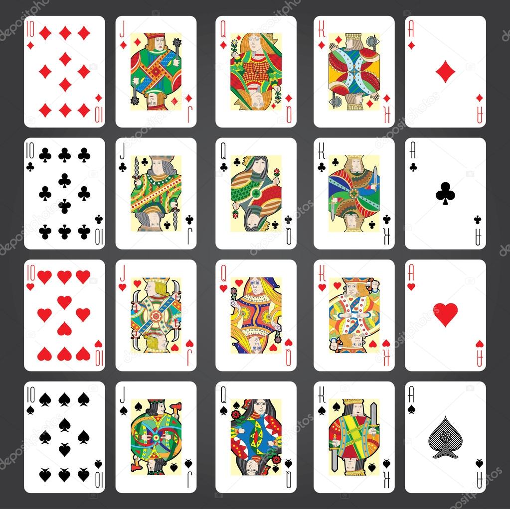 Set of playing cards vector: Ten, Jack, Queen, King, Ace Stock Vector by  ©rlmf.net 92459204