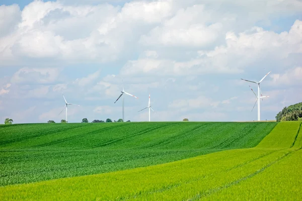 Campo verde, tierras de cultivo con molinos de viento —  Fotos de Stock