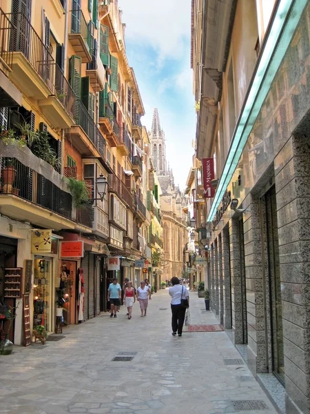 Palma Majorca Spain June 2008 Street Stores Aparment Buildings Cathedral — Stock Photo, Image