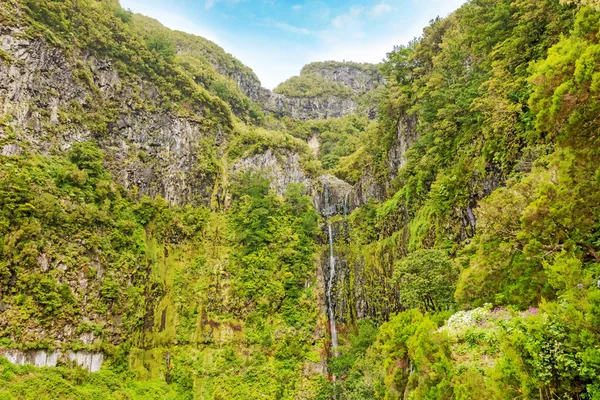 25 Cachoeira de fontes e paisagem florestal esverdeada, Madeira — Fotografia de Stock