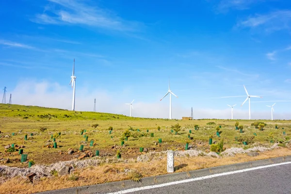 Turbiny wiatrowe wzdłuż drogi - niebieski niebo — Zdjęcie stockowe