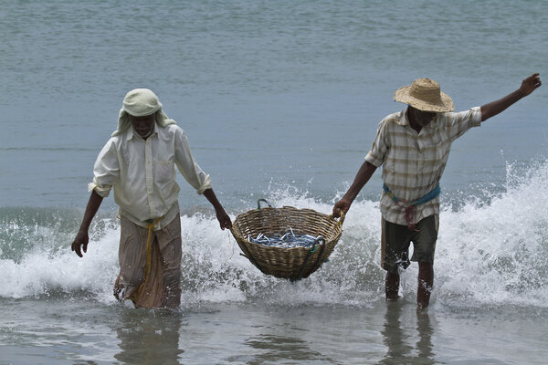 Traditional fishermen in Uppuveli beach, Sri Lanka