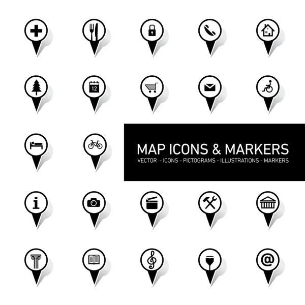 Mapa de iconos y marcadores — Vector de stock