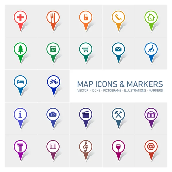 Mapa ikony i markerów — Wektor stockowy