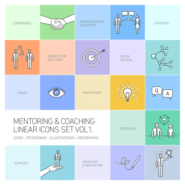 Iconos lineales de mentoring y coaching — Archivo Imágenes Vectoriales