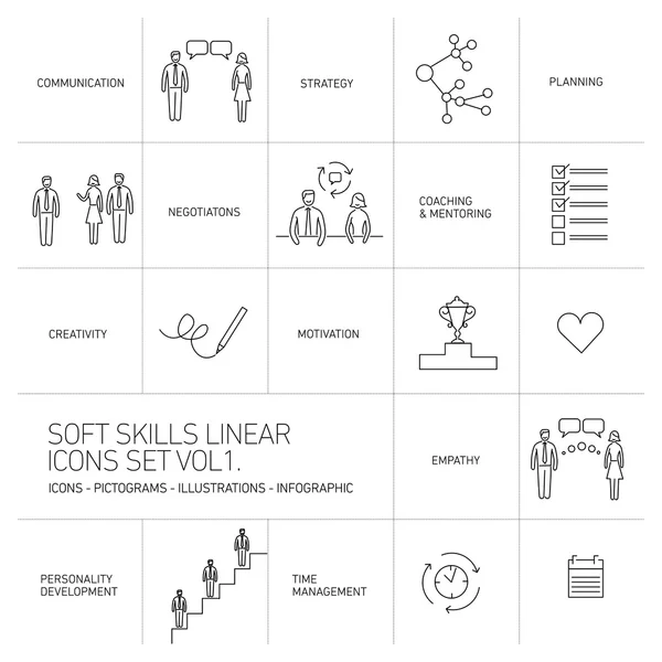 Soft Skills Vektor lineare Symbole — Stockvektor