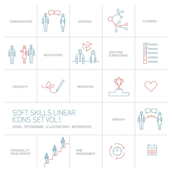 Soft skills vector linear icons — Stockový vektor