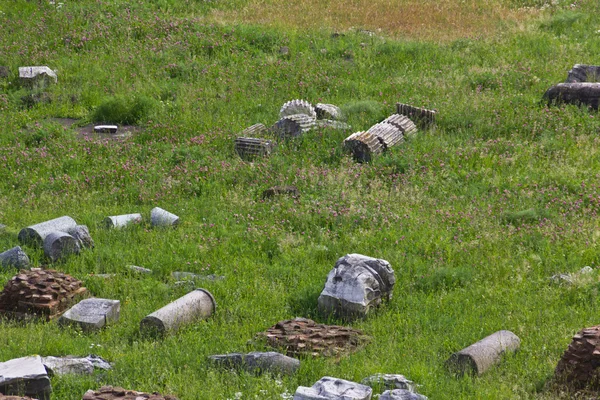 Escavado antigas colunas romanas em um campo gramado — Fotografia de Stock