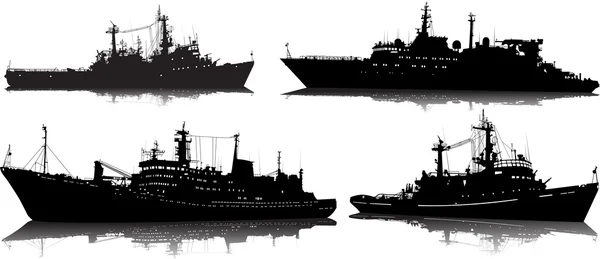 Vector set of four silhouettes of the military ship on a white background — Stock Vector