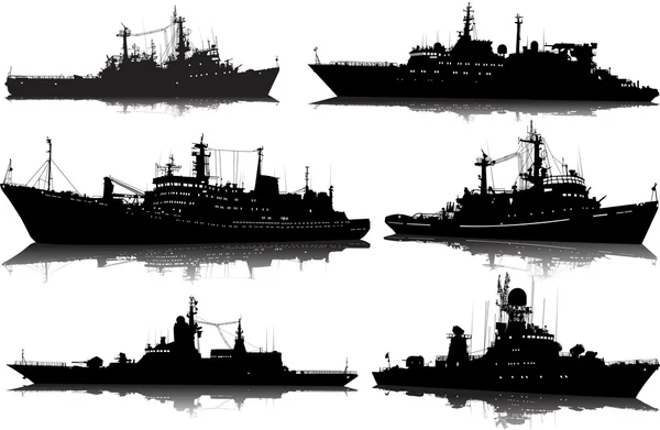 Vector set of six silhouettes of the military ship on a white background — Stock Vector