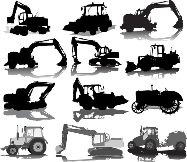 Set of 12 silhouettes of a tractors of road service — Stock Vector