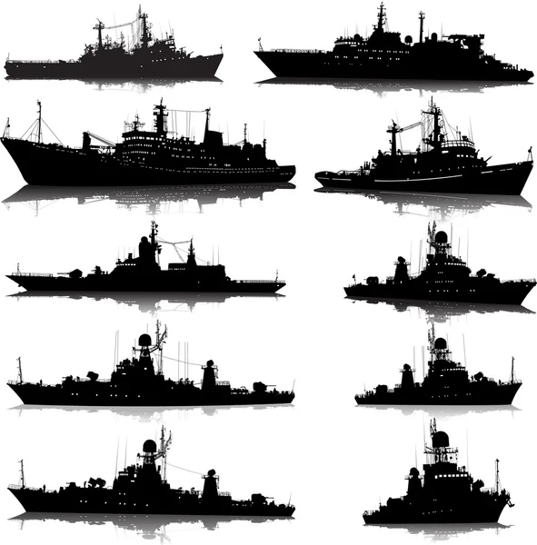 Vector set of 10 silhouettes of the military ship — Stock Vector