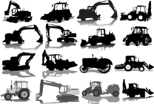 Vector set from silhouettes of 16 tractors — Stock Vector