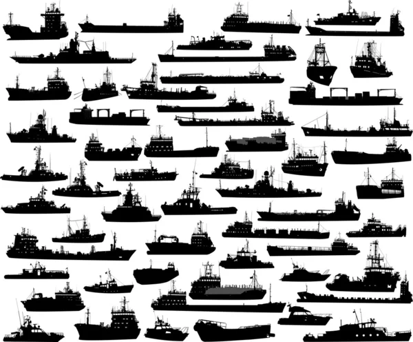 Vector set of 57 silhouettes of sea towboat and the ships — Stock Vector