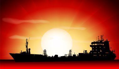 Vector silhouette of the tanker ship on sunrise clipart