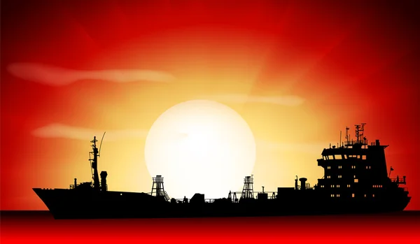 Vector silhouette of the tanker ship on sunrise — Stock Vector