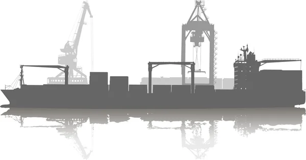 Vector silhouette of ship in port on unloading under the crane — Stock Vector