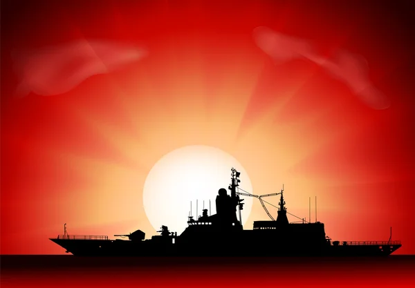 Silhouette vectorielle du navire militaire au coucher du soleil — Image vectorielle