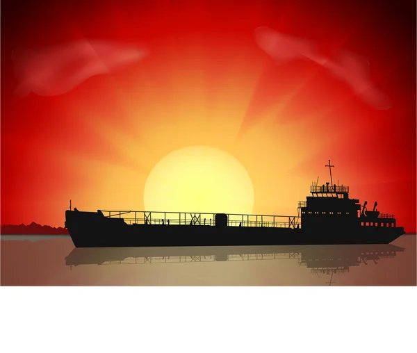 Vector silhouettes van oude tanker op zonsondergang — Stockvector