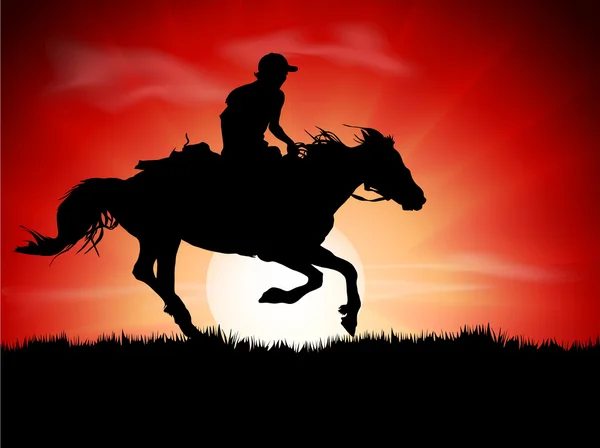 Silhouette des Reiters des Jockeys beim Sonnenaufgang — Stockvektor